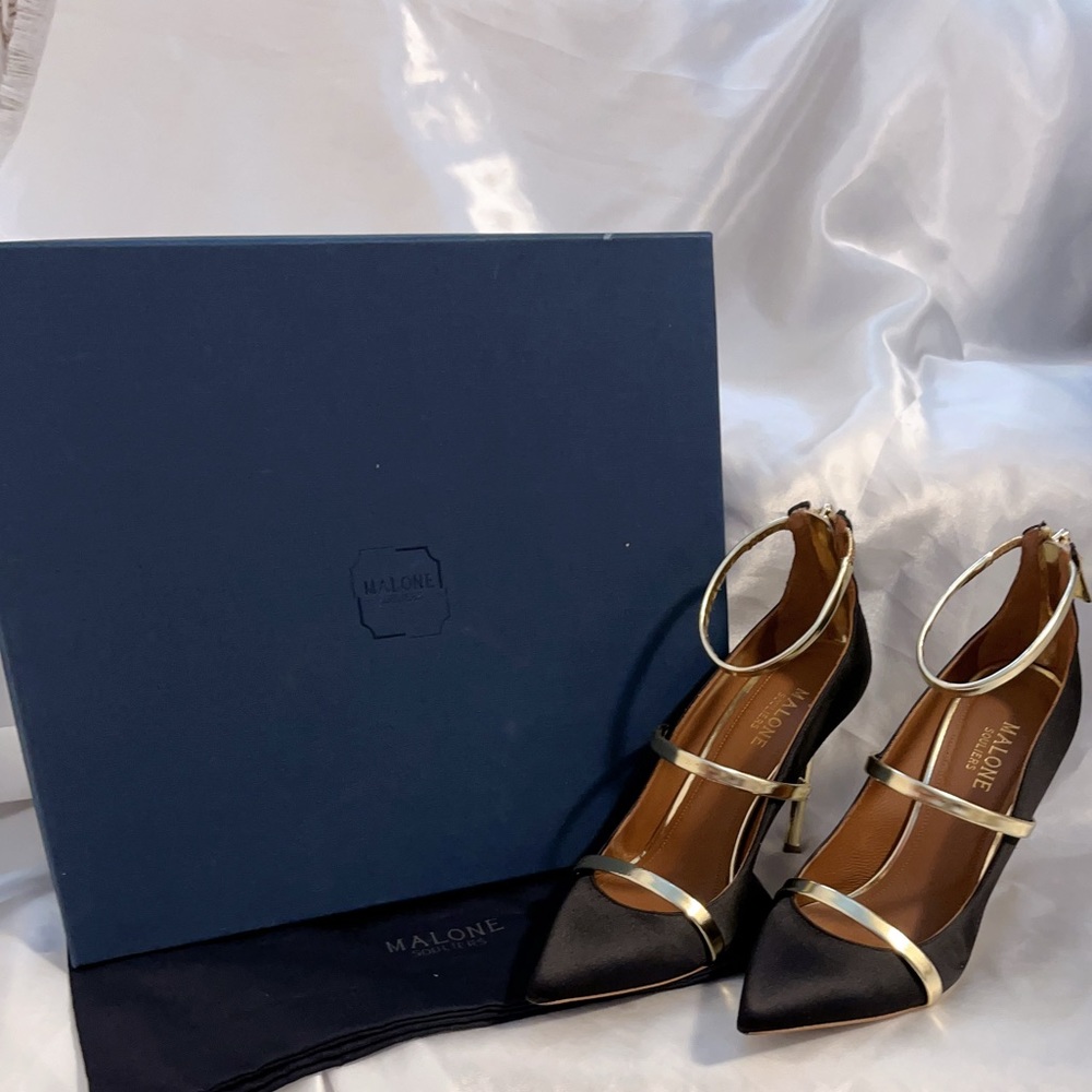 Malone Souliers Robyn 100 Black Satin Ankle Strap Pumps